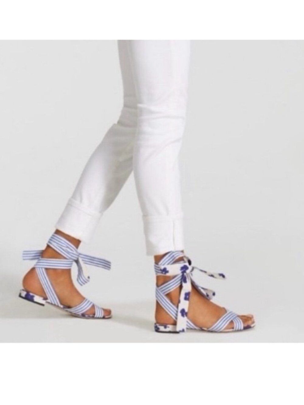 Cabi | Blue White Stripe Floral Watercolor Tied Up Sandals | Size 10